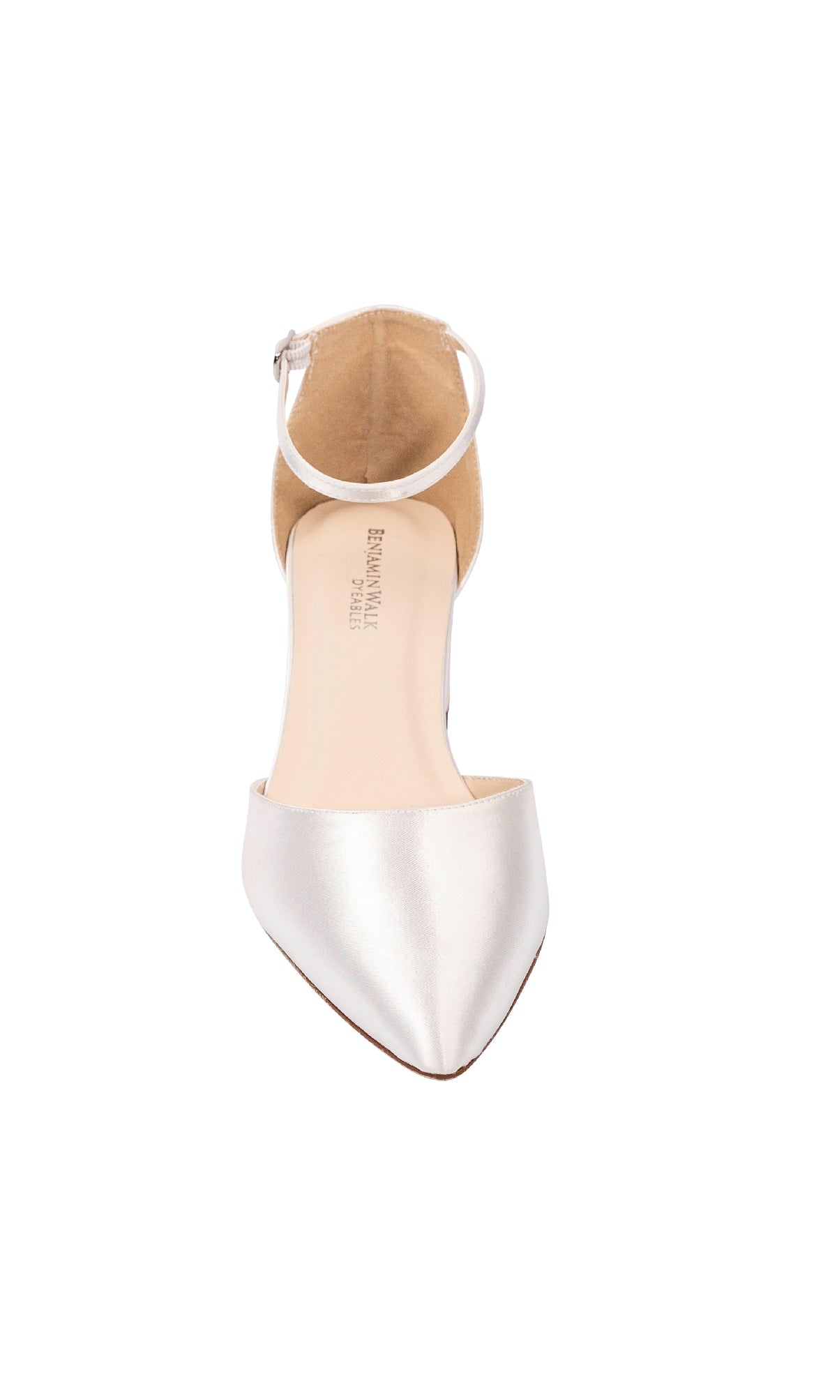 The Tegan White Shimmer Prom Shoes (Touch Ups 4663) are satin pointed-toe flats with an ankle strap—elegant closed-toe prom shoes perfect for a chic look, shown from above on a white background.
